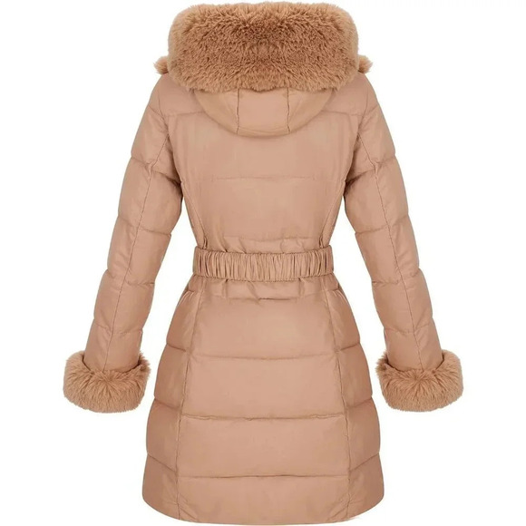 Women Puffer Coat Long Fur Collar Hooded Thicken Thermal Fur lined Belted - Picture 2 of 6